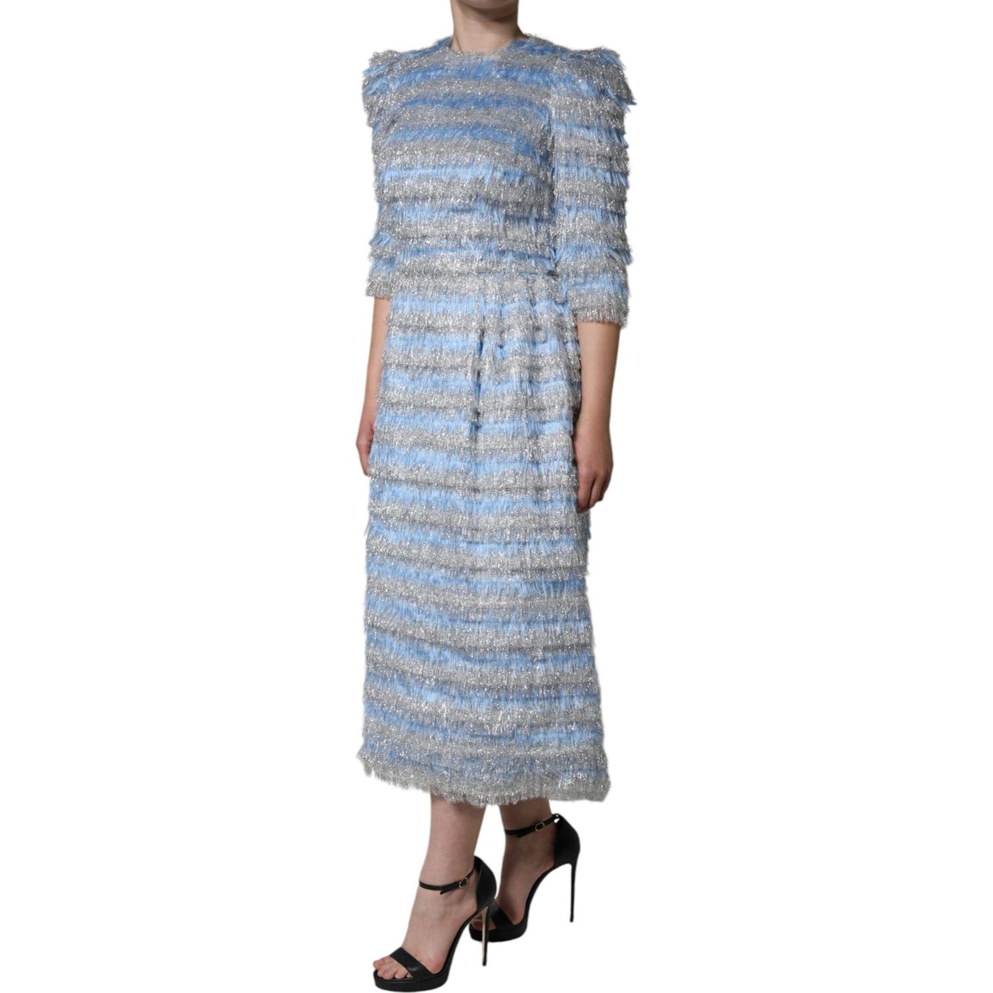 Dolce & Gabbana Light Blue Silver Jacquard A-line Midi Dress Dolce & Gabbana