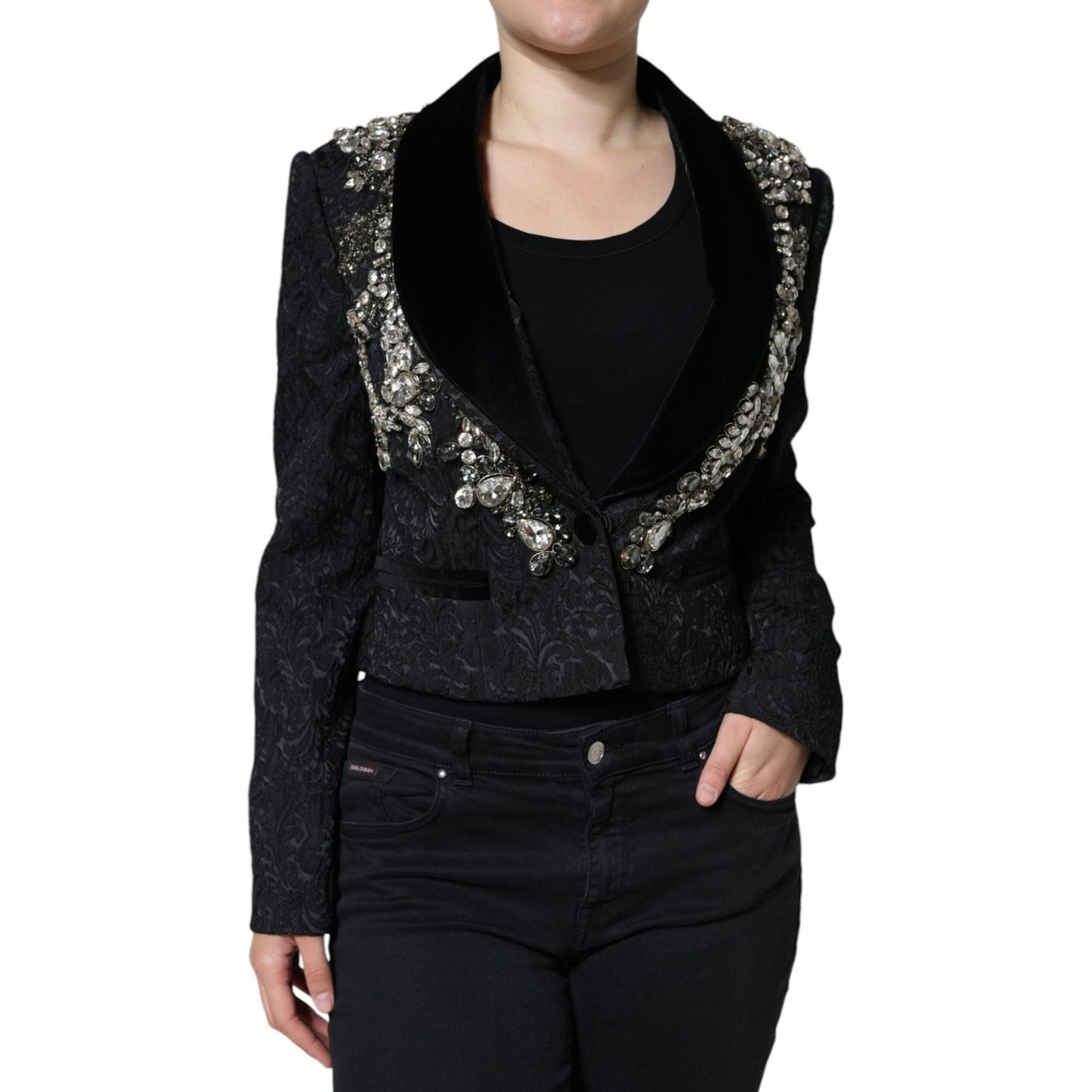 Dolce & Gabbana Black Jacquard Crystal Floral Jacket Blazer Dolce & Gabbana