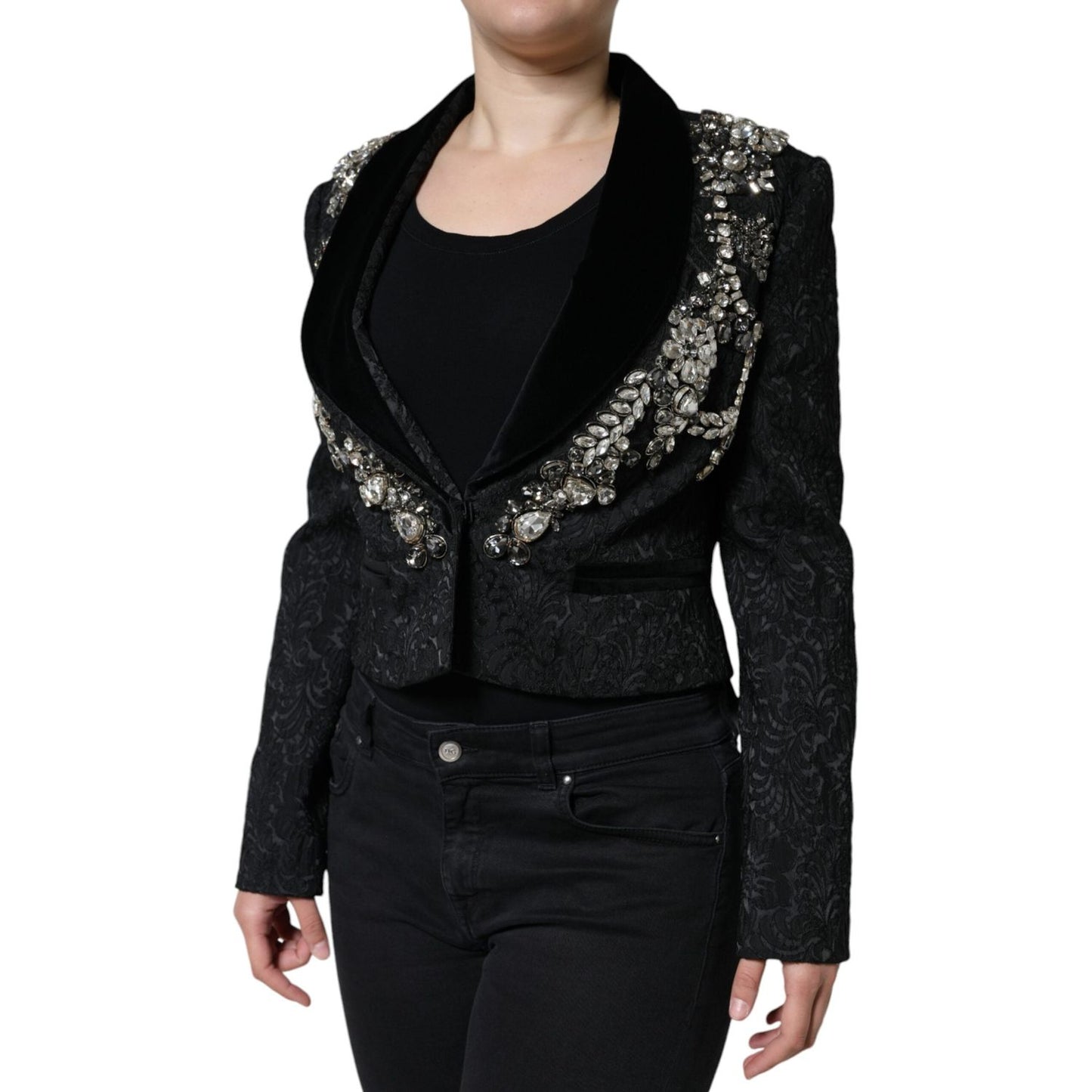 Dolce & Gabbana Black Jacquard Crystal Floral Jacket Blazer Dolce & Gabbana