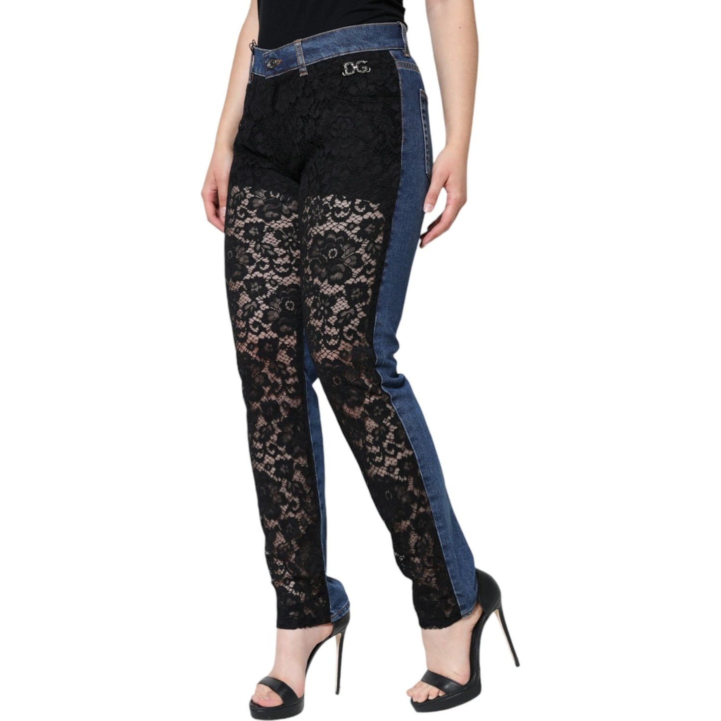 Dolce & Gabbana Black Floral Lace Front Skinny Denim Jeans Dolce & Gabbana