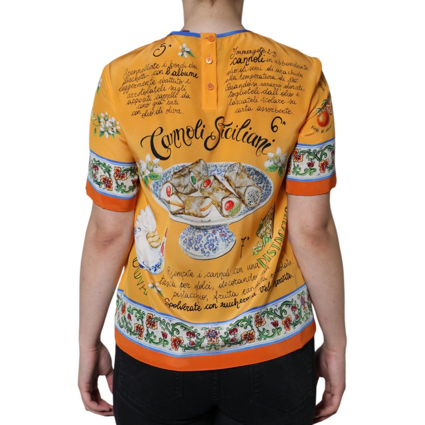 Dolce & Gabbana Orange Silk Cannoli Siciliana Print Short Sleeves Top Dolce & Gabbana