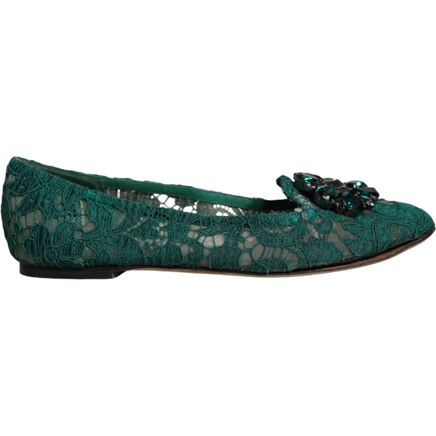 Dolce & Gabbana Green Lace Crystal Ballet Flats Loafers Shoes Dolce & Gabbana