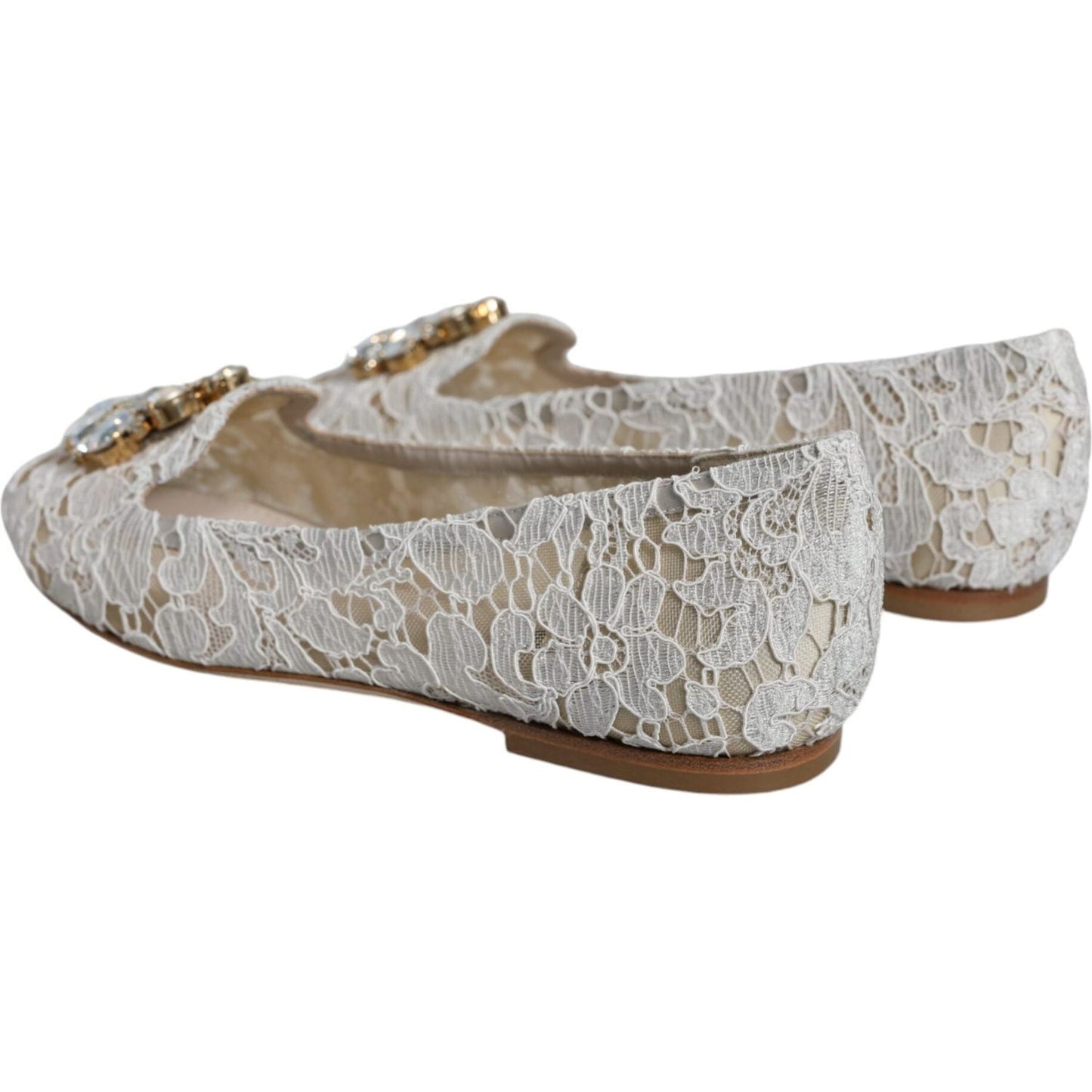 Dolce & Gabbana White Lace Crystal Ballet Flats Loafers Shoes Dolce & Gabbana