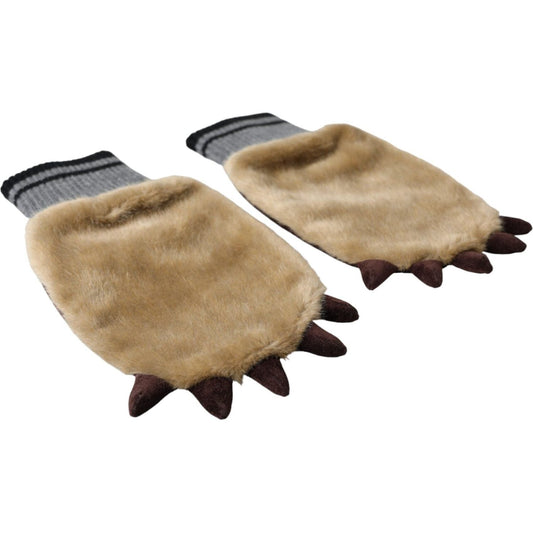 Beige Acrylic Knitted Fur Wrist Mitten Gloves