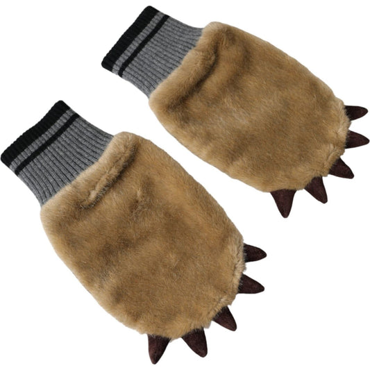 Beige Acrylic Knitted Fur Wrist Mitten Gloves