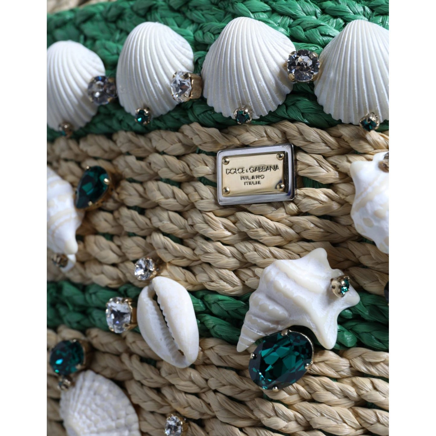 Dolce & Gabbana Beige Green Rafia Seashells Crystal Bucket Bag Dolce & Gabbana