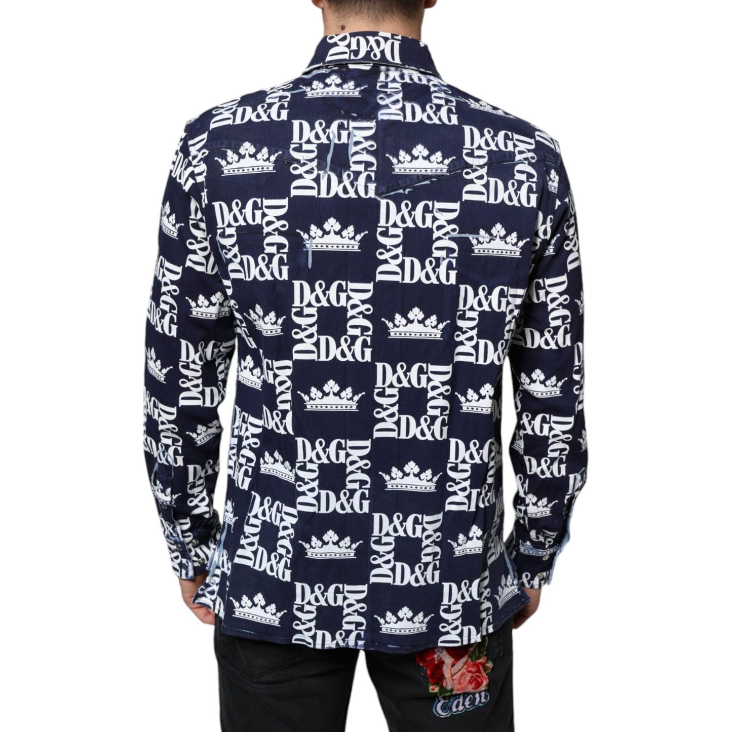 Dolce & Gabbana Blue Crown Logo Print Slim Fit Cotton Shirt Dolce & Gabbana