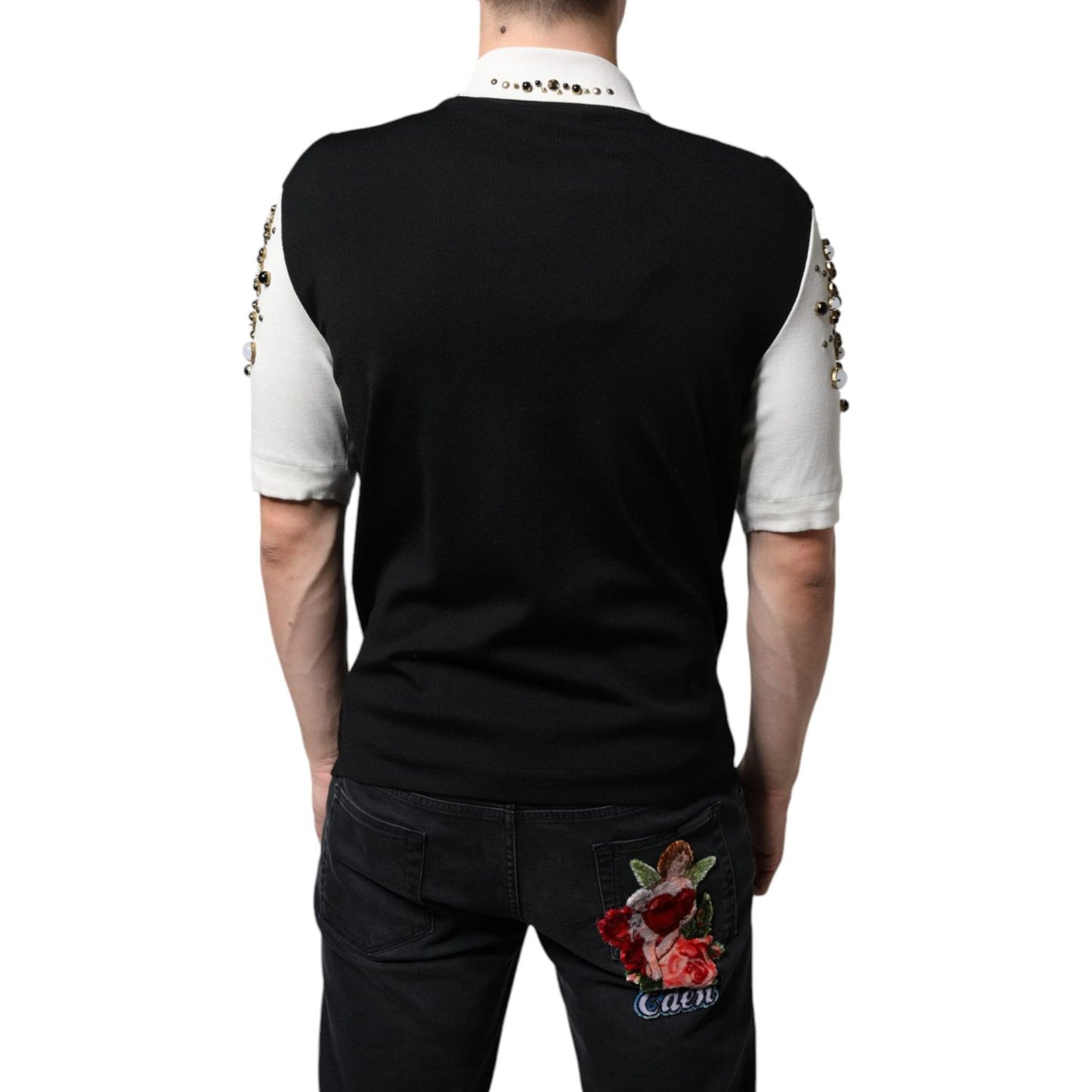 Dolce & Gabbana White Black Silk Studded Stone Crystal Shirt Dolce & Gabbana