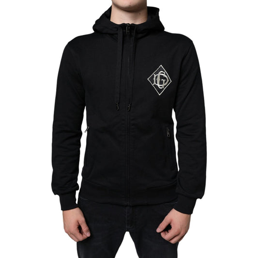 Dolce & Gabbana Black Cotton Hooded Logo Full Zip Sweater Dolce & Gabbana