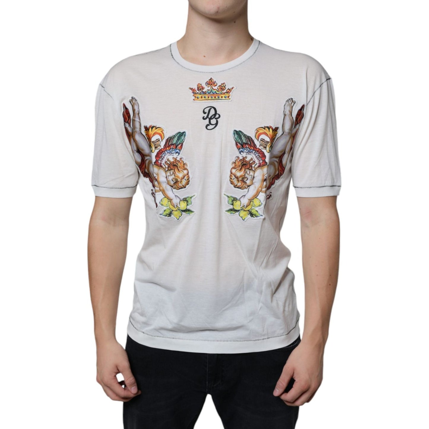 Dolce & Gabbana White Angel Crown Print Crew Neck T-shirt Dolce & Gabbana