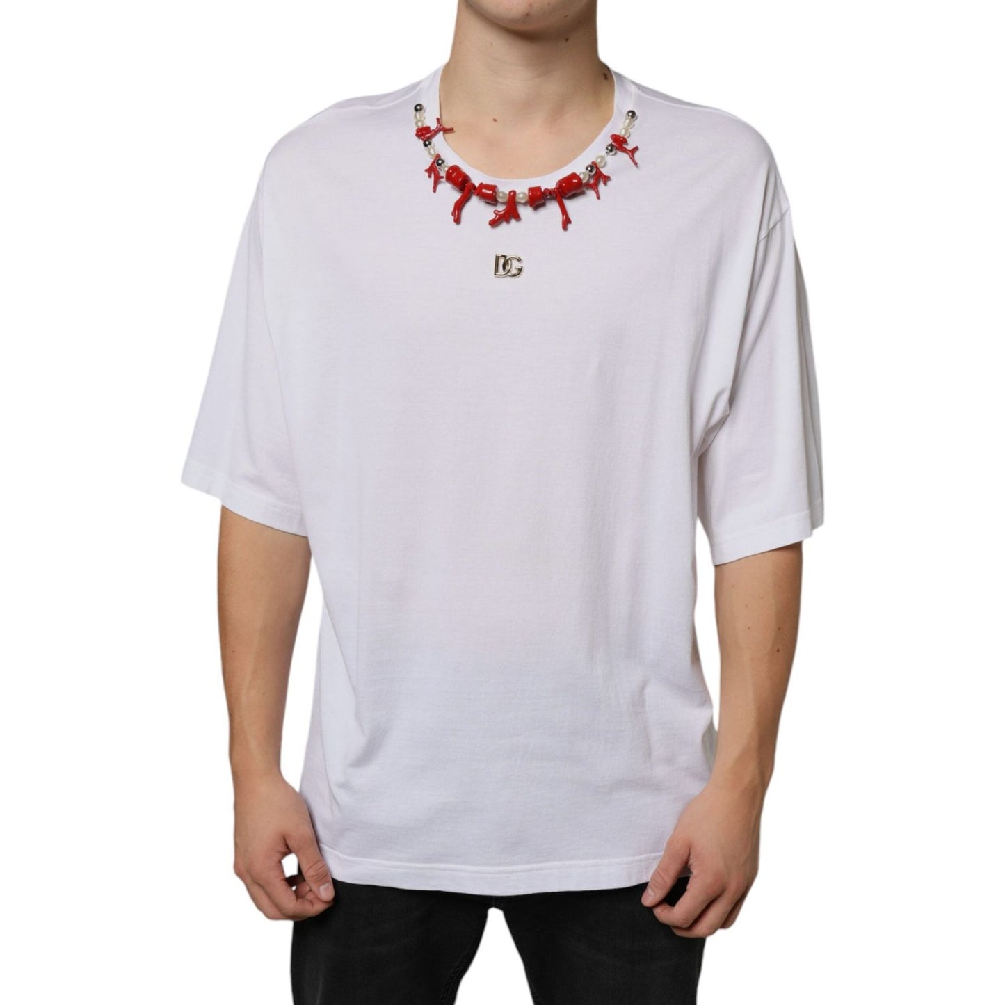 Dolce & Gabbana White Cotton Necklace Embellished T-shirt Dolce & Gabbana