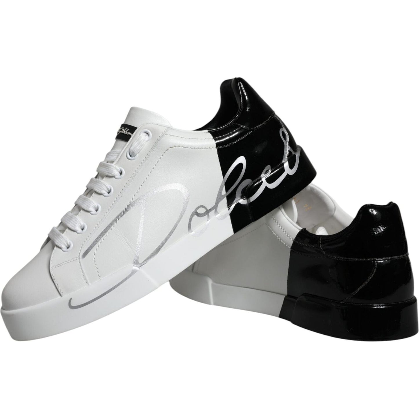 Dolce & Gabbana White Blue Leather Logo Low Top Sneakers Shoes