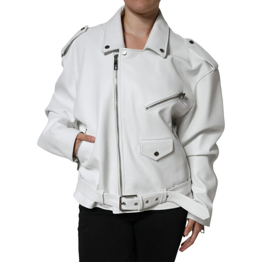 Dolce & Gabbana White Lambskin Leather Biker Coat Jacket Dolce & Gabbana