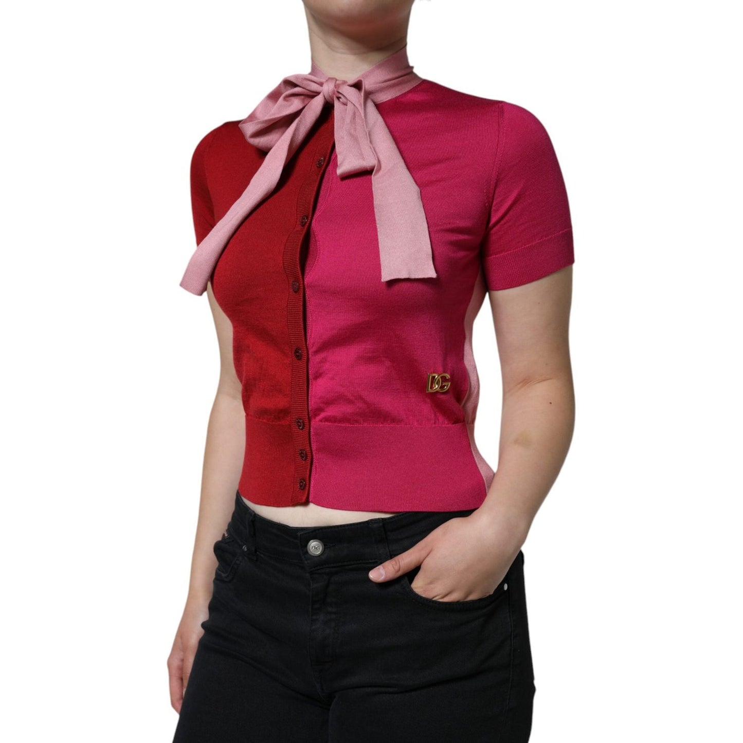 Dolce & Gabbana Pink Short Sleeves Pullover Ascot Collar Top Dolce & Gabbana