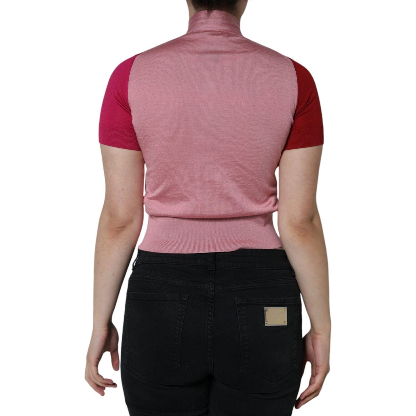 Dolce & Gabbana Pink Short Sleeves Pullover Ascot Collar Top Dolce & Gabbana