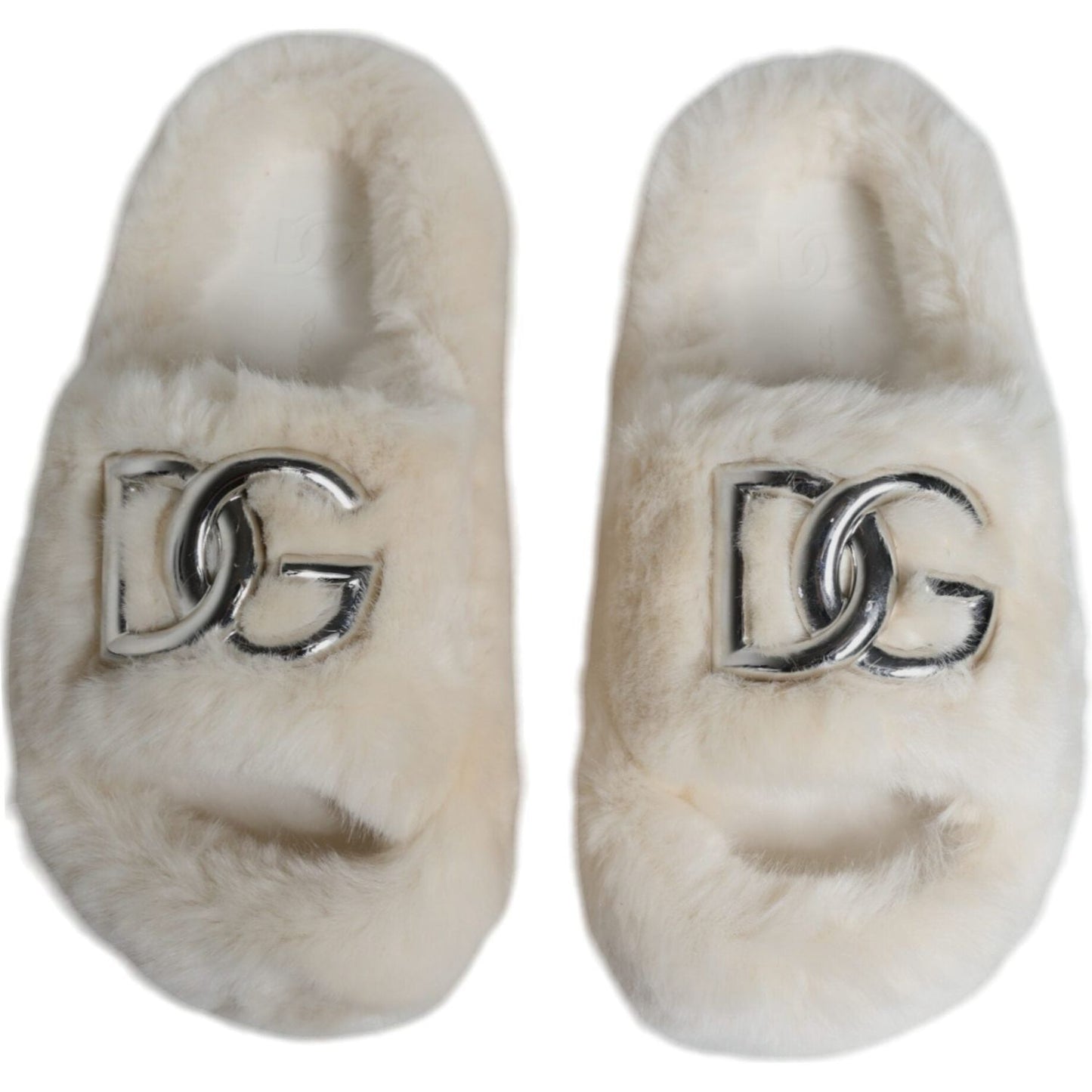 Dolce & Gabbana Beige Faux Fur Slides Flats Sandals Shoes Dolce & Gabbana