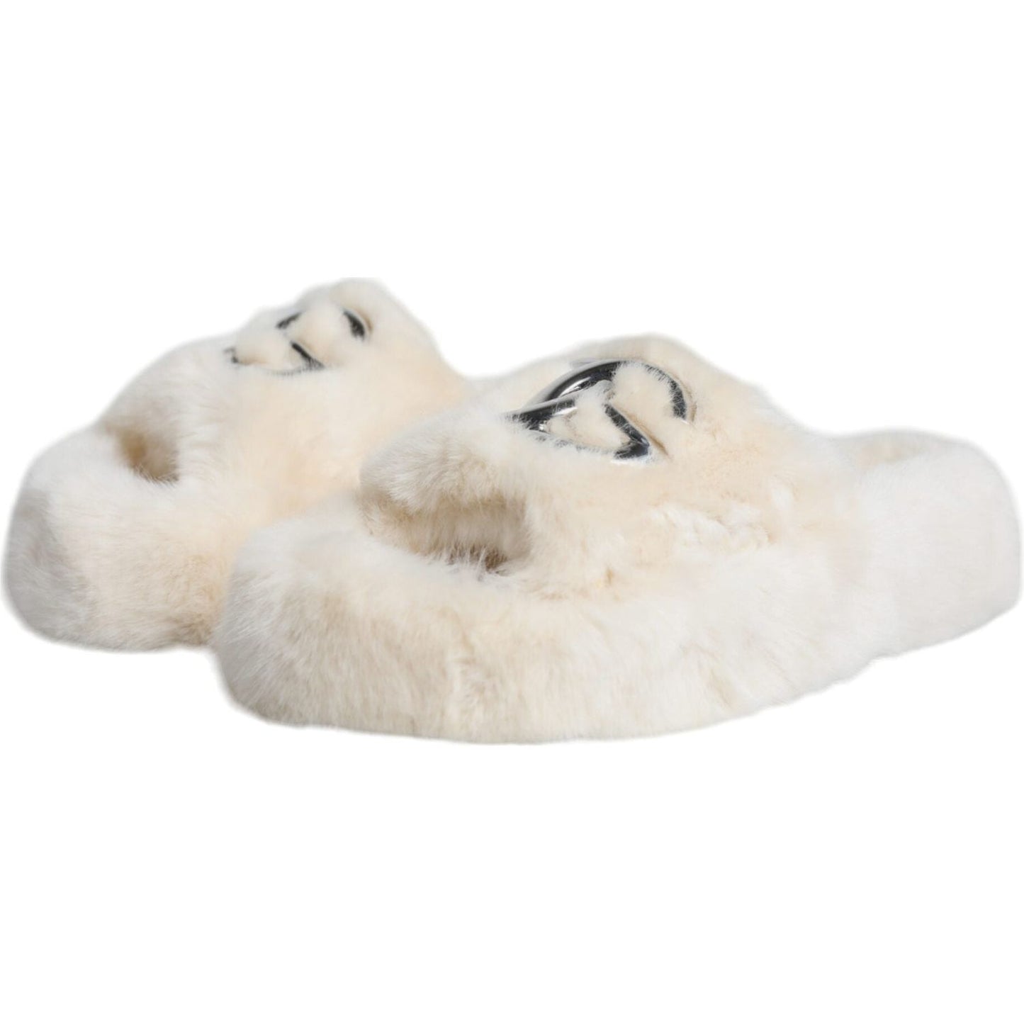 Dolce & Gabbana Beige Faux Fur Slides Flats Sandals Shoes Dolce & Gabbana