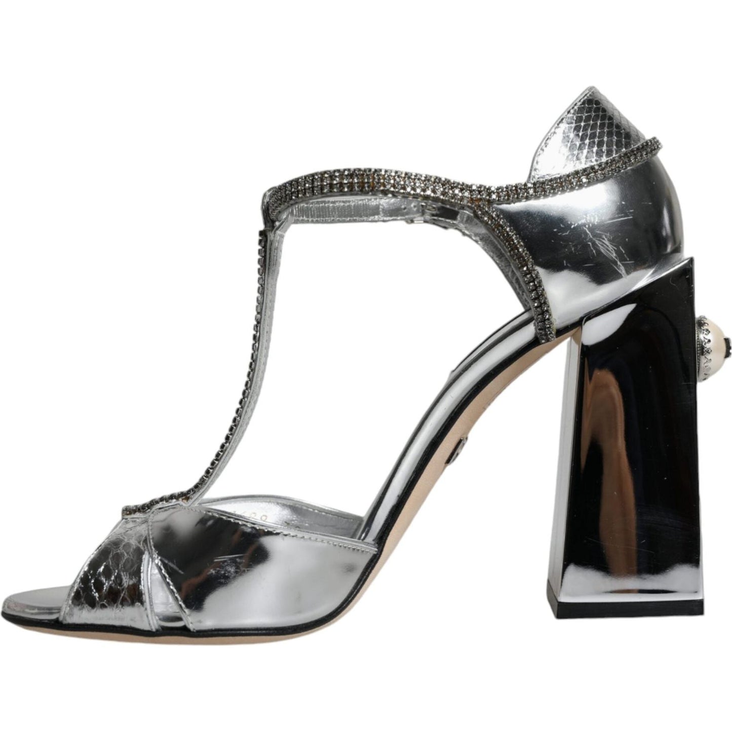 Dolce & Gabbana Silver Leather T-strap Heels Sandals Shoes Dolce & Gabbana