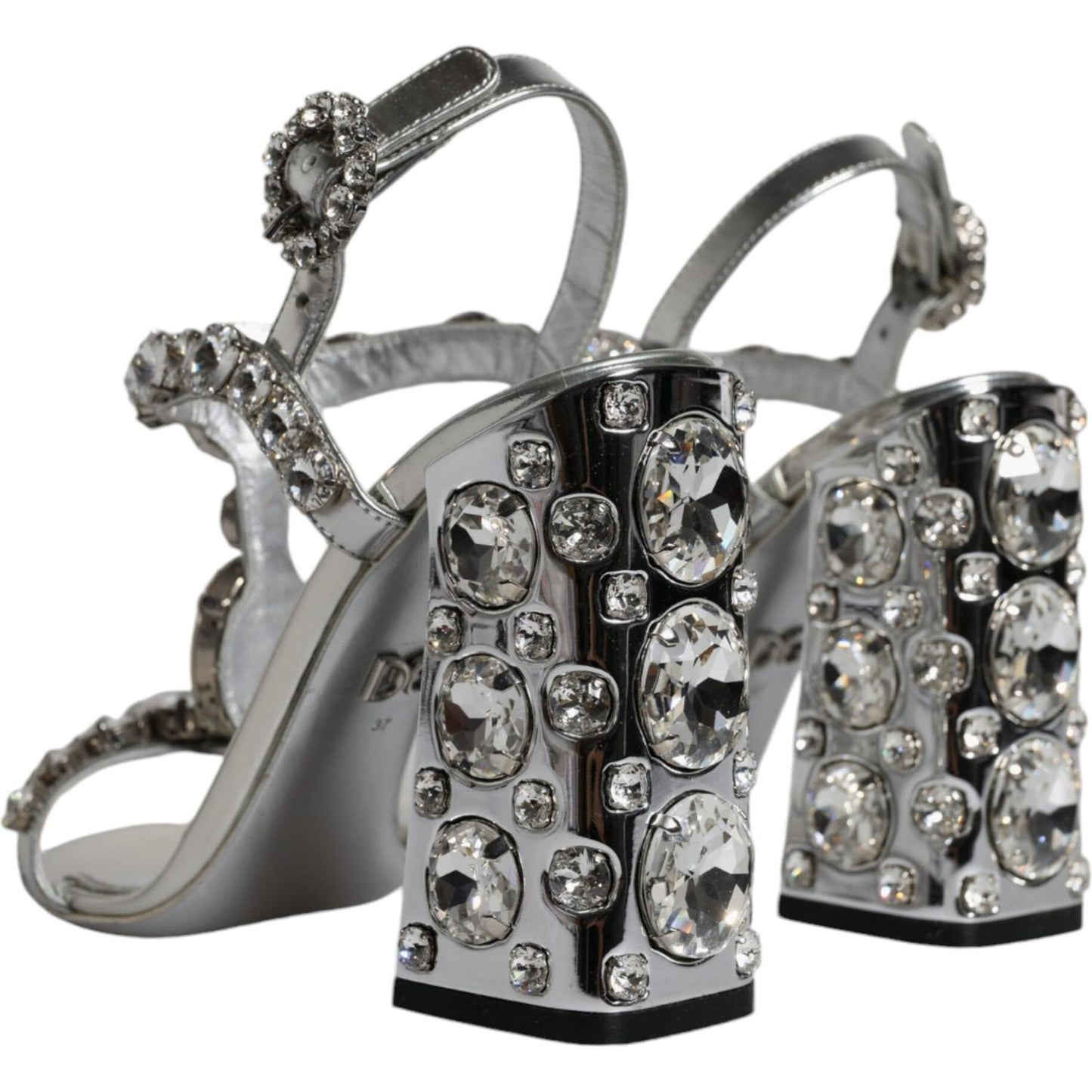 Dolce & Gabbana Silver Leather T-strap Crystal Sandals Shoes Dolce & Gabbana