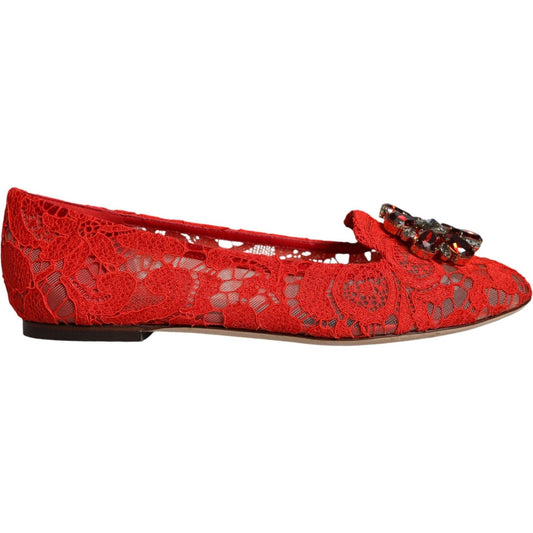 Dolce & Gabbana Red Lace Crystal Ballet Flats Loafers Shoes Dolce & Gabbana