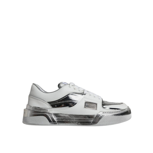 Dolce & Gabbana White Silver Leather Low Top Sneakers Shoes