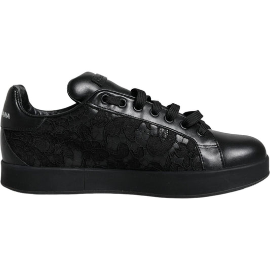 Dolce & Gabbana Black Lace Leather Low Top Sneakers Shoes Dolce & Gabbana