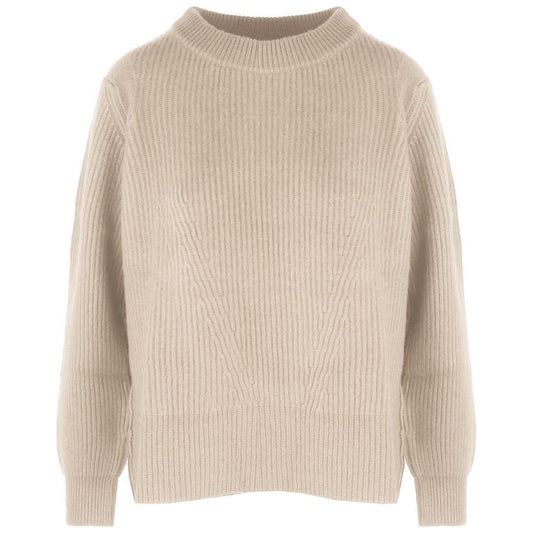 Malo Beige Cashmere Women Sweater with Side Slit and Ribbed Detail Malo