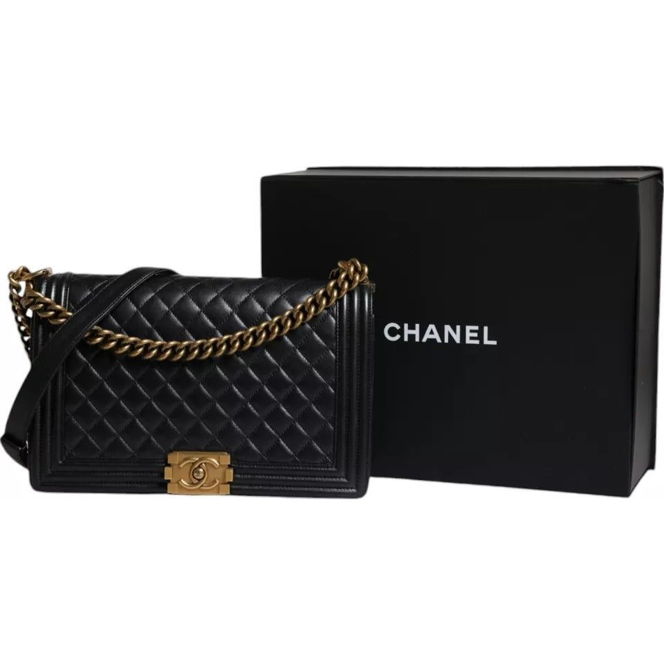 Chanel Black Large Lambskin Double Chain Gold Leather Shoulder Bag Chanel