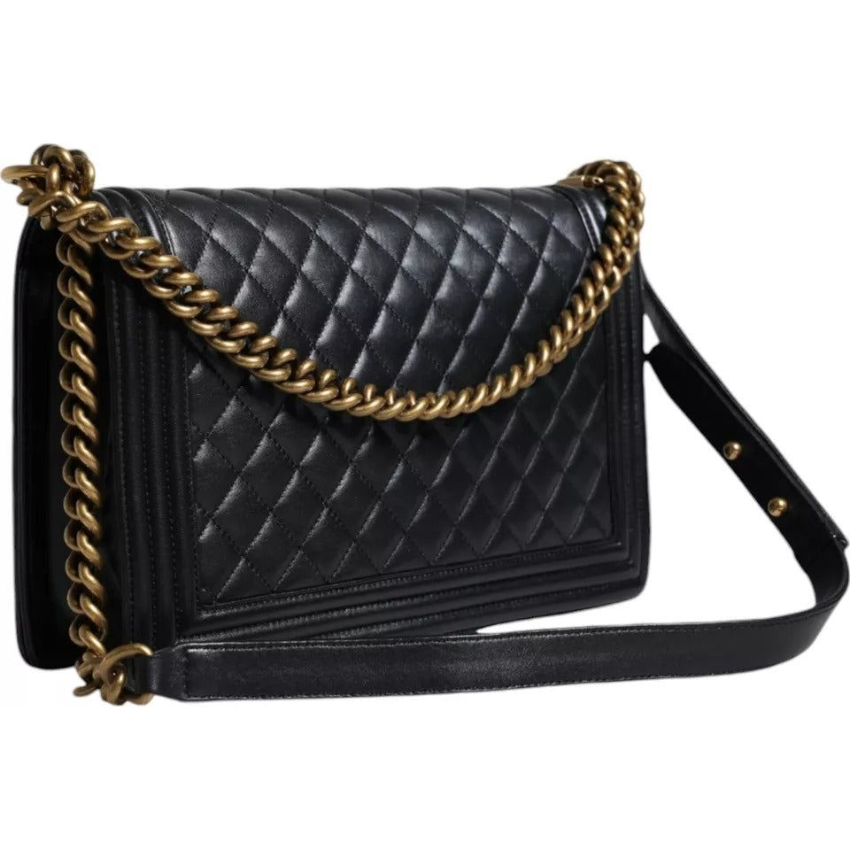 Chanel Black Large Lambskin Double Chain Gold Leather Shoulder Bag Chanel