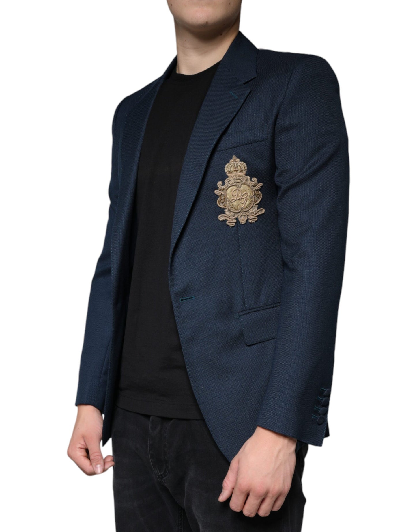 Dolce & Gabbana Blue Wool Logo Single Breasted Coat Blazer Dolce & Gabbana