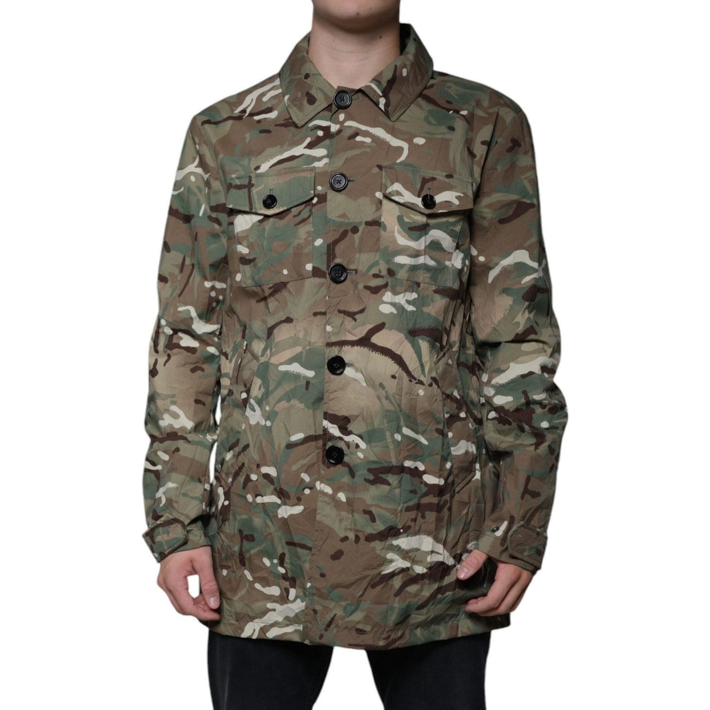 Dolce & Gabbana Multicolor Camouflage Collared Coat Jacket 1728,67345645728,Clothing,Dolce & Gabbana,Full-Length Jackets - Jackets & Coats - Clothing,IT52 | XL,Jackets & Coats - Clothing,Jackets - Men - Clothing,Material: Cotton,Men,Multicolor,Preowned /