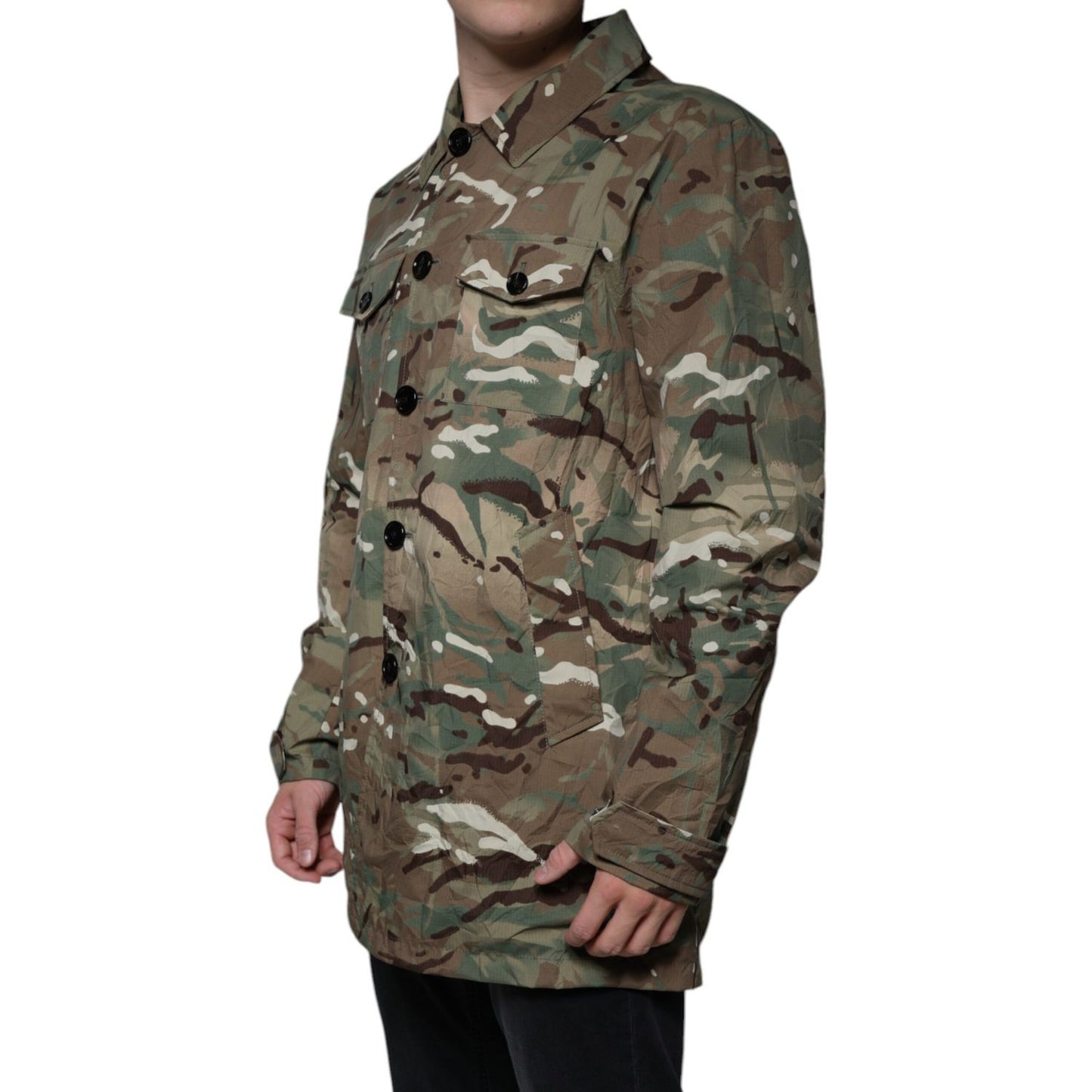 Dolce & Gabbana Multicolor Camouflage Collared Coat Jacket 1728,67345645728,Clothing,Dolce & Gabbana,Full-Length Jackets - Jackets & Coats - Clothing,IT52 | XL,Jackets & Coats - Clothing,Jackets - Men - Clothing,Material: Cotton,Men,Multicolor,Preowned /