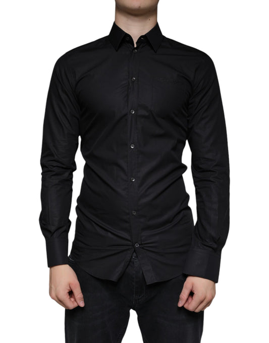 Dolce & Gabbana Black Cotton Stretch Dress GOLD Formal Shirt Dolce & Gabbana