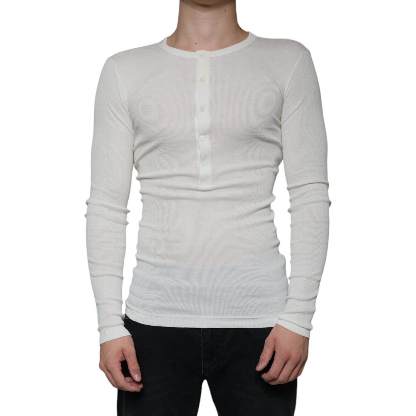 Dolce & Gabbana White Cotton Henley Crew Neck Pullover Sweater Dolce & Gabbana