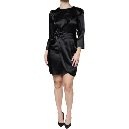 Emporio Armani Black Satin Long Sleeves Wrap Sheath Mini Dress Emporio Armani