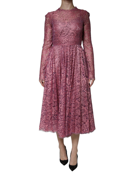 Dolce & Gabbana Fuchsia Floral Lace Long Sleeve Maxi Dress Dolce & Gabbana