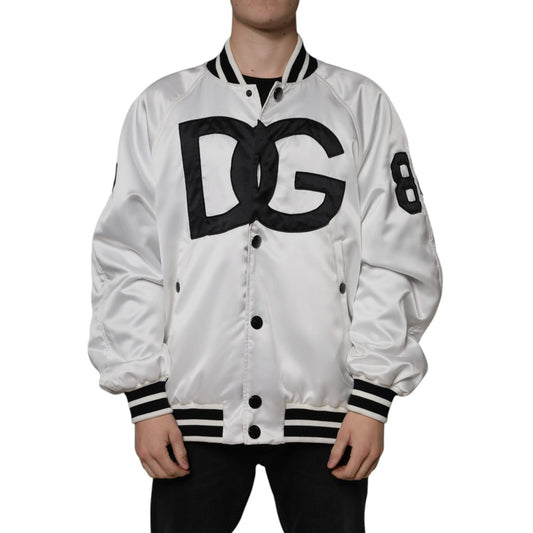 Dolce & Gabbana White Polyester Logo Full Zip Bomber Jacket 1728,67345645728,Black and White,Bombers - Jackets & Coats - Clothing,Clothing,Dolce & Gabbana,IT50 | L,IT52 | XL,IT54 | XL,Jackets & Coats - Clothing,Jackets - Men - Clothing,Material: 100% Poly