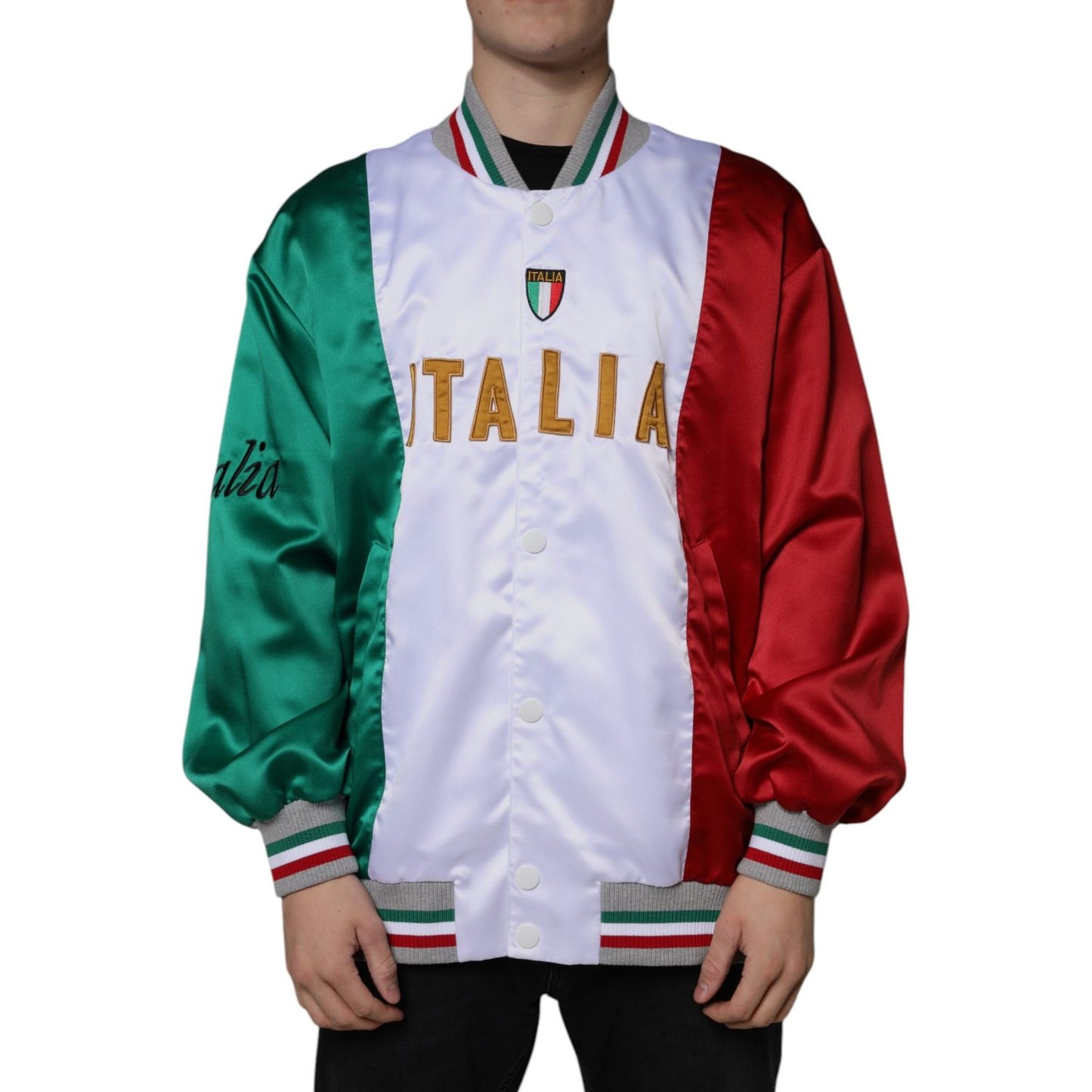Dolce & Gabbana Multicolor Italia Button Down Bomber Jacket 1728,67345645728,Bombers - Jackets & Coats - Clothing,Clothing,Dolce & Gabbana,IT50 | L,IT52 | XL,Jackets & Coats - Clothing,Jackets - Men - Clothing,Material: 100% Polyester,Men,Men - Clothing,M