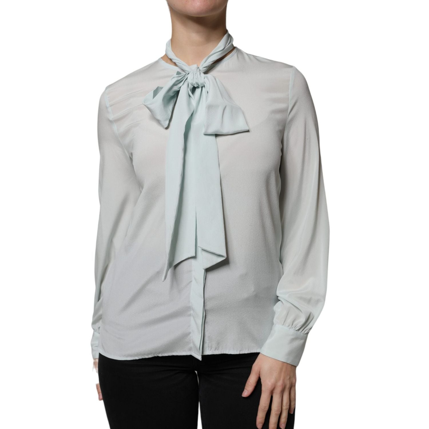Ballantyne Light Blue Silk Ascot Collared Long Sleeves Top