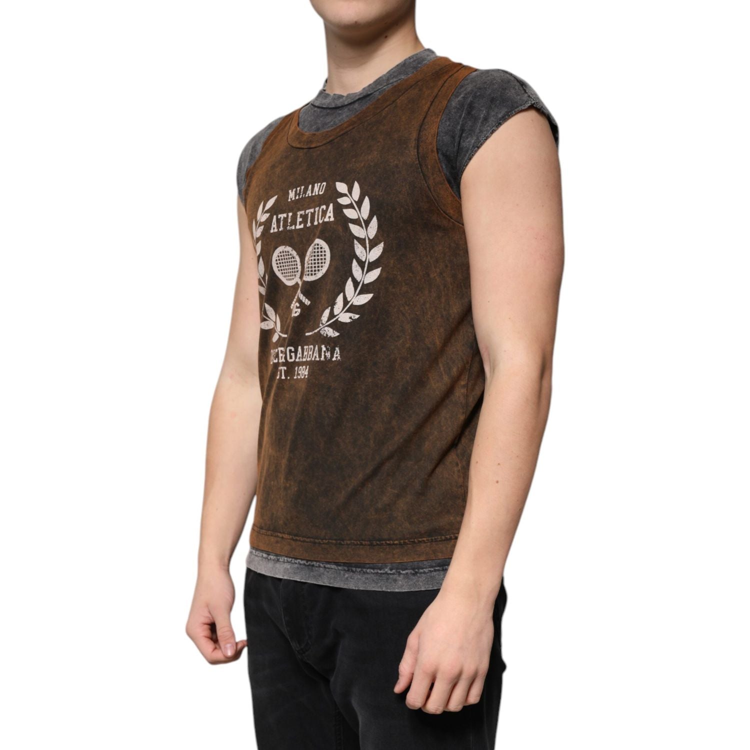 Dolce & Gabbana Brown Cotton Crew Neck Sleeveless T-shirt
