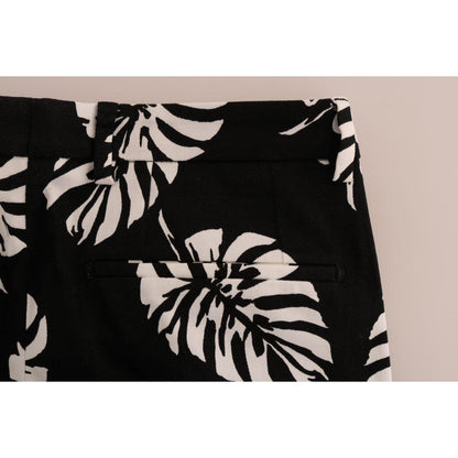 Dolce & Gabbana White Black Leaf Cotton Stretch Slim Pants