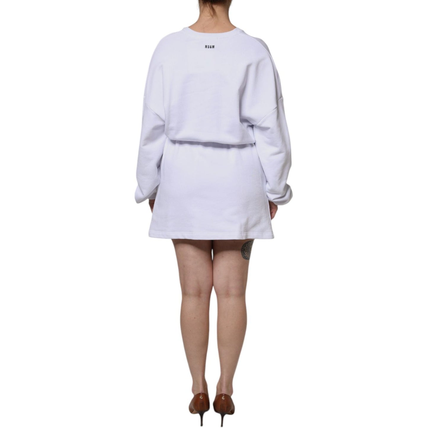 MSGM White Cotton Belted Long Sleeves Crew Neck Mini Dress MSGM