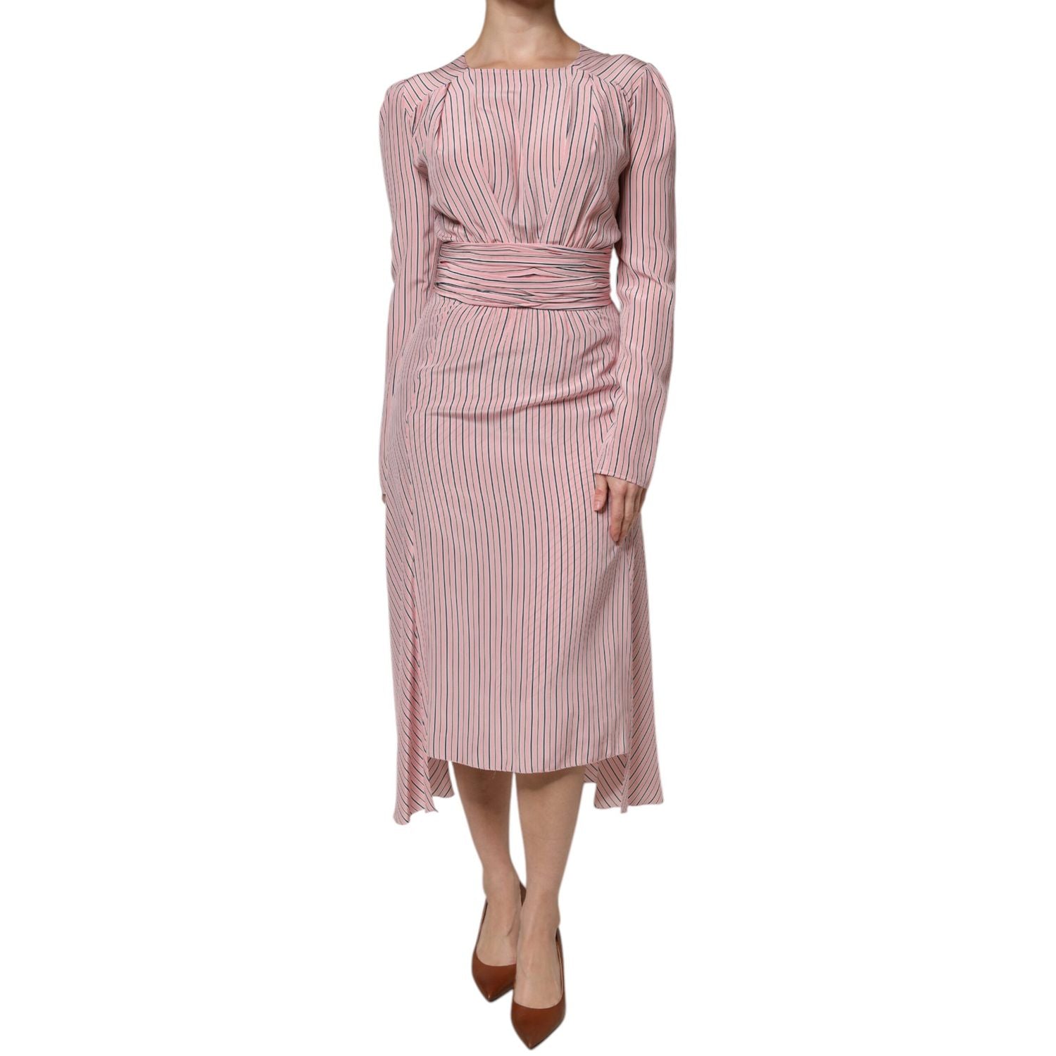 Ermanno Scervino Pink Stripes Silk Long Sleeves Midi Dress