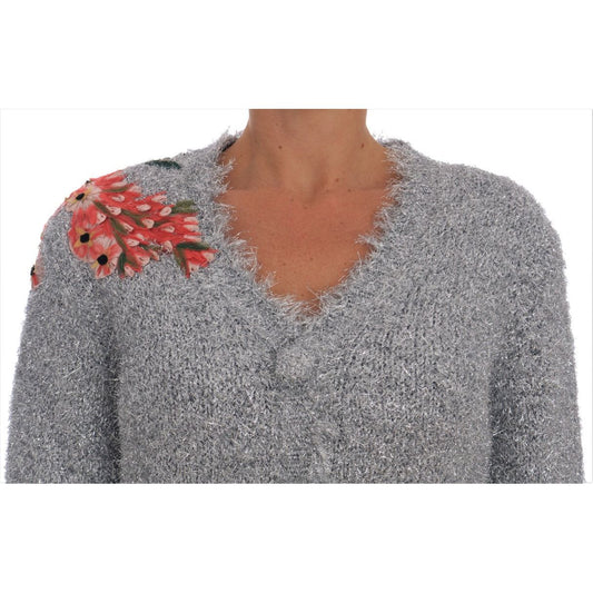 Elegant Silver Floral Applique Cardigan