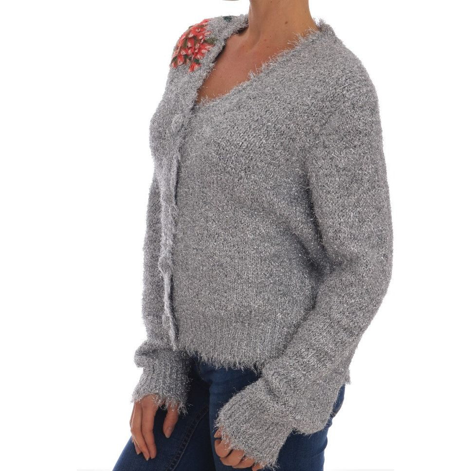 Dolce & Gabbana Silver Cardigan Floral Applique Sweater