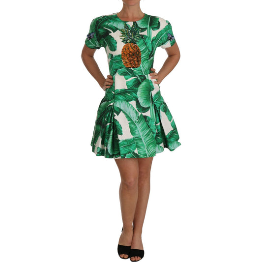 Dolce & Gabbana Elegant Green Banana Leaf Print A-Line Dress Dolce & Gabbana