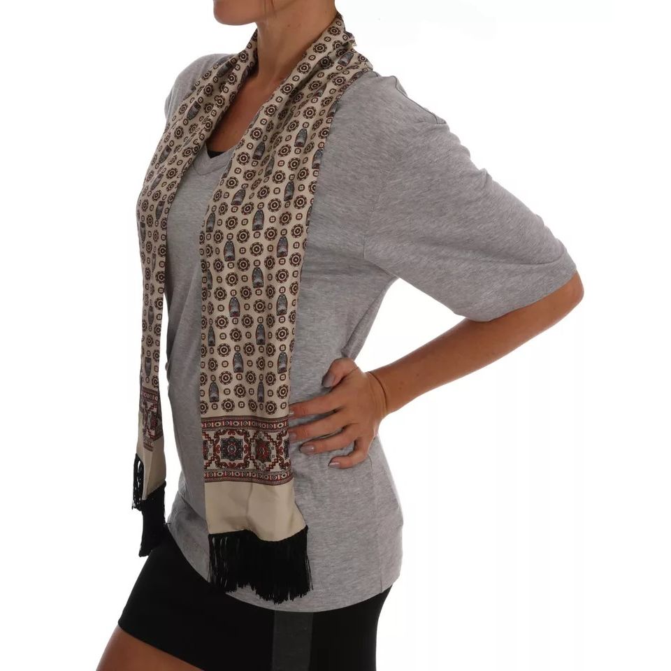 Dolce & Gabbana Gray Cotton Owl Silk Scarf Top T-shirt