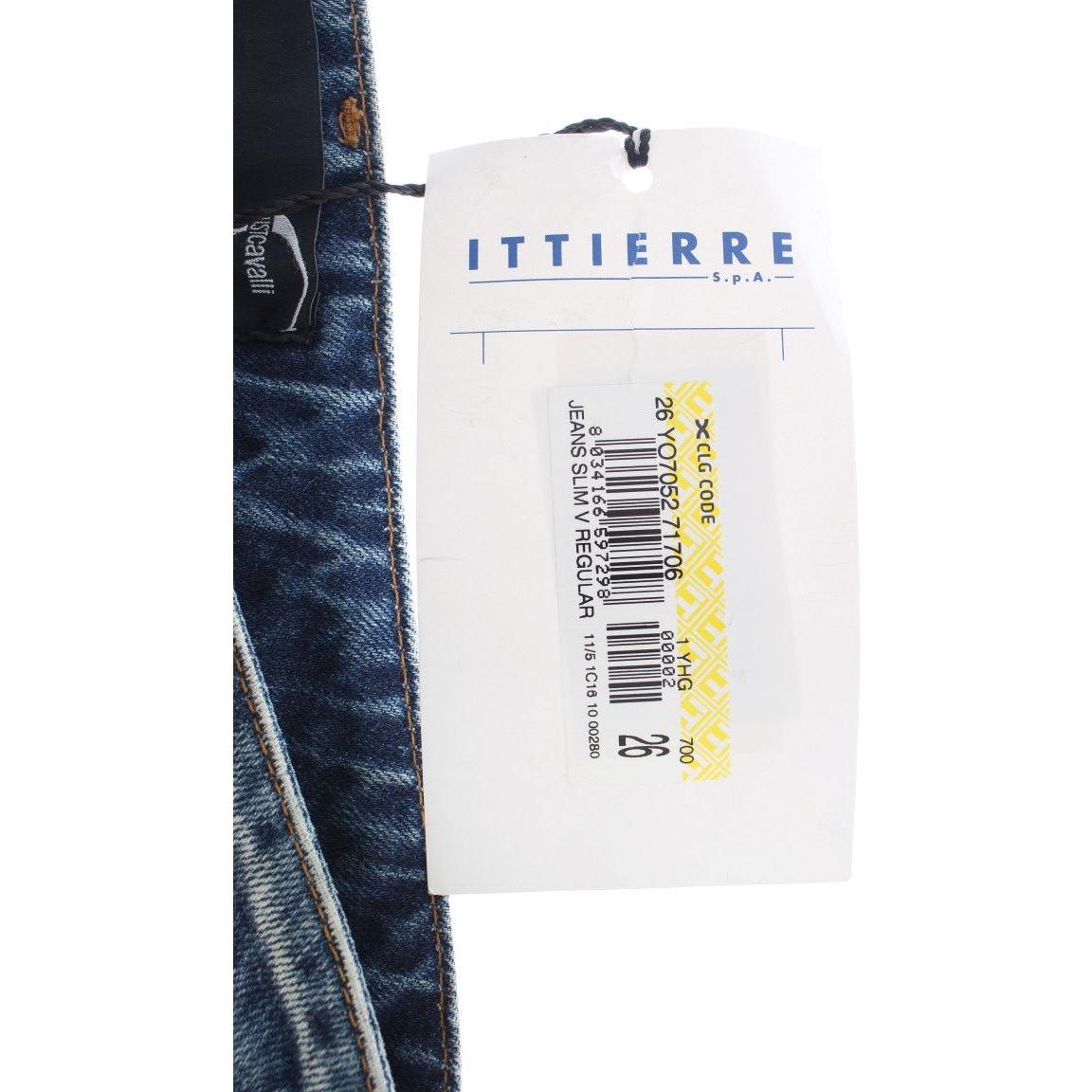 Cavalli Blue Wash Torn Cotton Straight Fit Jeans