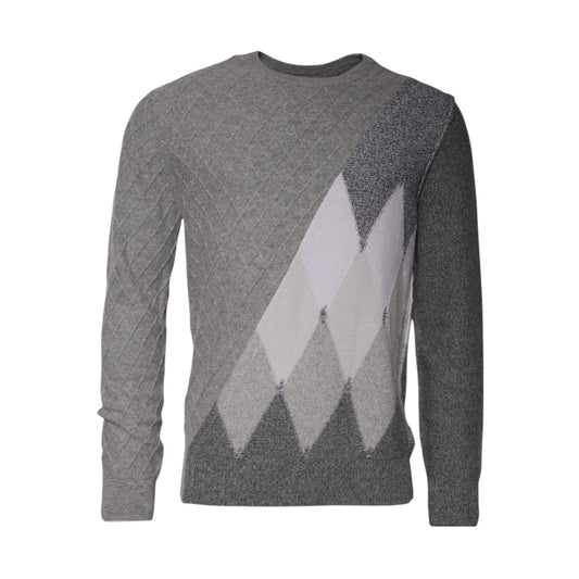 Ballantyne Gray Cashmere Argyle Intarsia Knit Crew Neck Sweater
