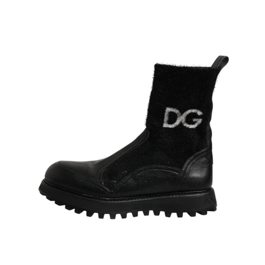 Dolce & Gabbana Black DG Logo Horse Sock Ankle Boots Shoes